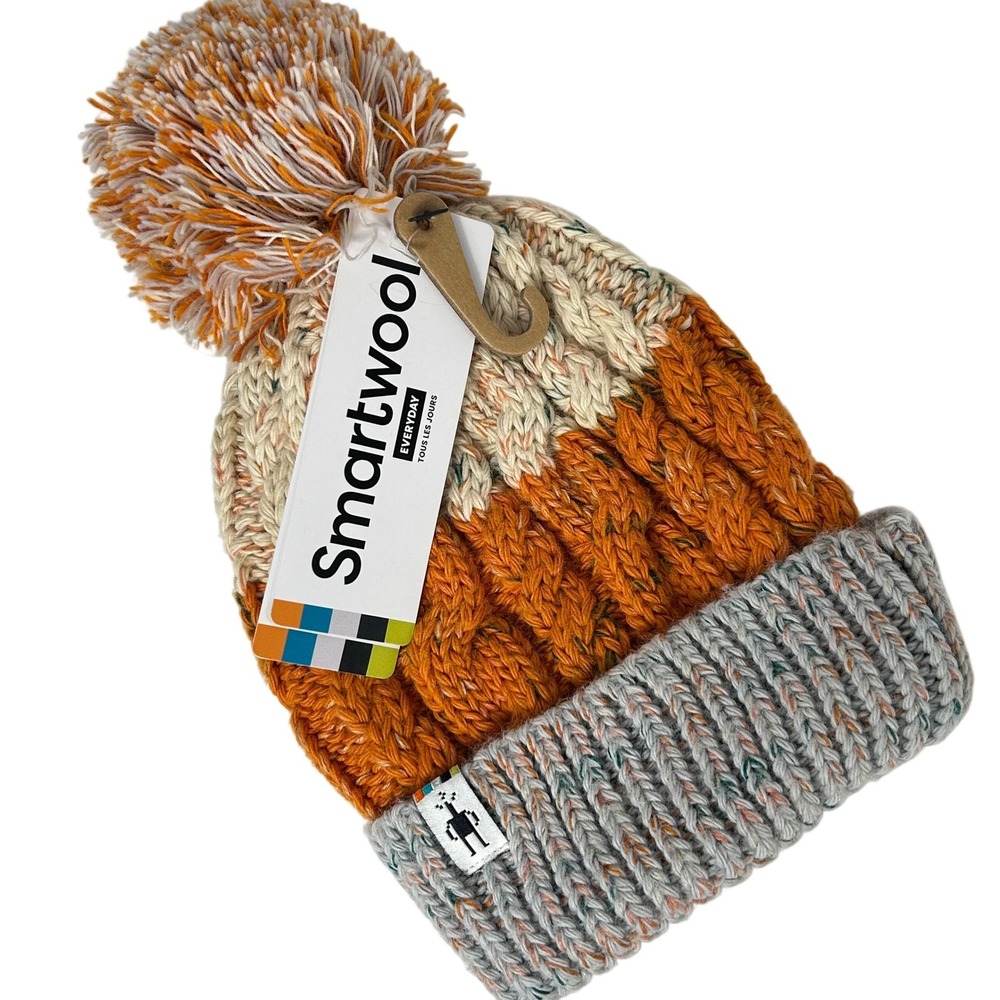 Smartwool Kisto Beanie  Orange Grey Ivory Cable Knit Pom Pom Hat S/M NEW